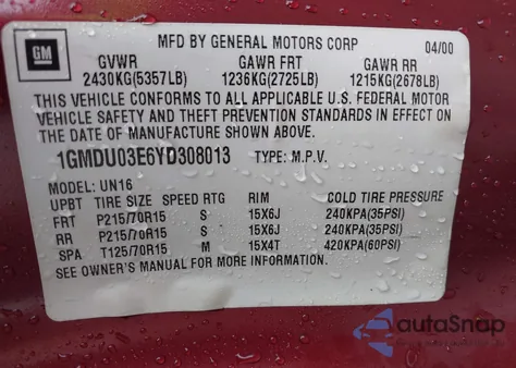 2000 Pontiac Montana N16 from USA, damaged, VIN 1GMDU03E6YD308013